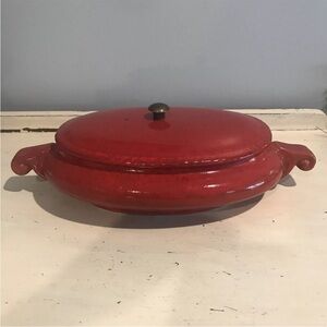 Vtg Hand Made Red Glazed Pottery Casserole Dish  With Lid Scrolled Side Handles